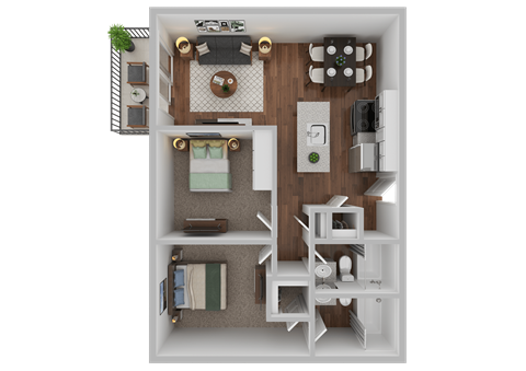 Floor plan for 2 beds, 1 bath, 980 sqft